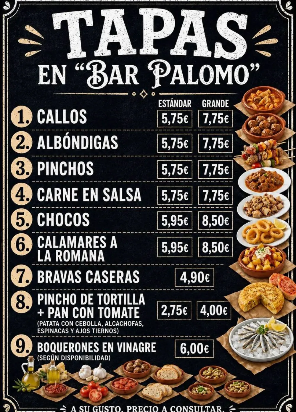 Cartell de tapes del Bar Palomo